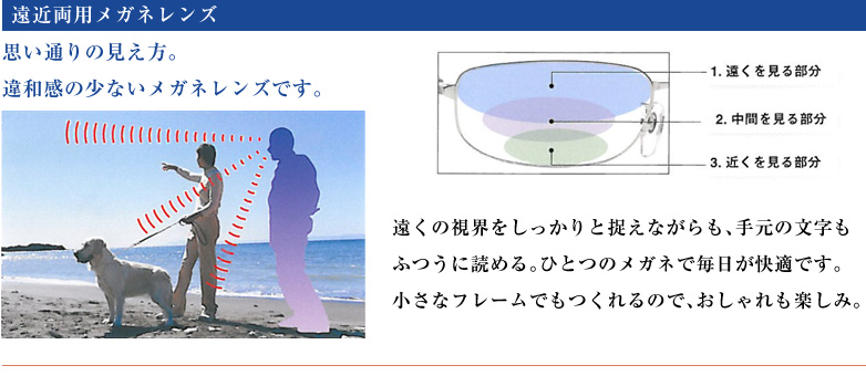 遠くの視界をしっかりと捉えながらも、手元の文字もふつうに読める。ひとつのメガネで毎日が快適です。小さなフレームでもつくれるので､おしゃれも楽しみ。