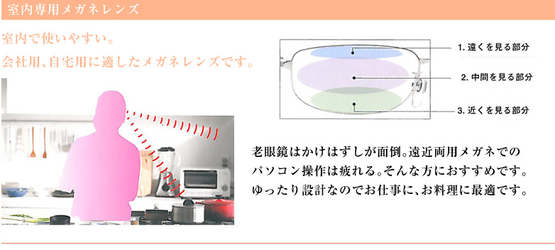 老眼鏡はかけはずしが面倒。遠近両用メガネでのパソコン操作は疲れる。そんな方におすすめです。ゆったり設計なのでお仕事に、お料理に最適です。